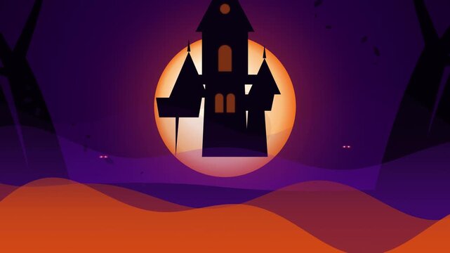 Spooky Haunted House Silhouette Against Orange Halloween Moon.