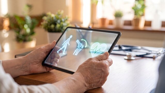 Doctor holding a tablet displaying holographic human body, joint, and heartbeat icons representing digital orthopaedics, patient monitoring, cardiac health assessment, and smart medical technology