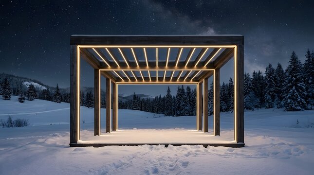 Pergola combined with recessed LED slat lighting standing within an expansive winter landscape covered in pristine snow beneath a clear night sky, luminous recessed illumination creating striking cont