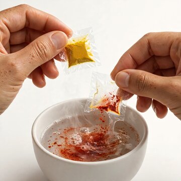 Close up of hands pouring red chili spice powder from a small plastic sachet into a white bowl of steaming hot water while holding a yellow turmeric powder packet