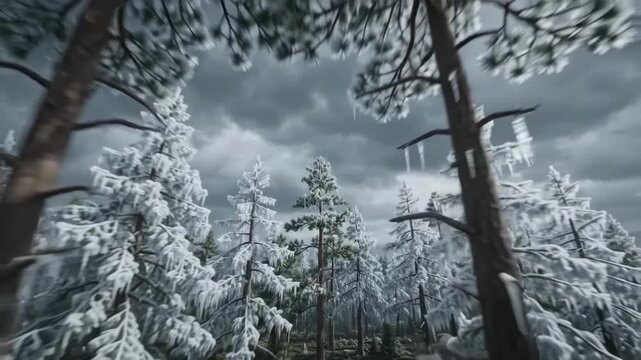 Snow-covered pine trees with icicles under a dramatic cloudy sky in a winter forest landscape.