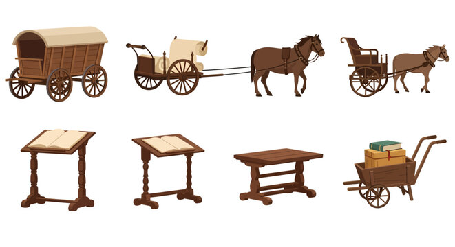 Set of vintage wooden carts carriages and library lecterns isolated on white background.