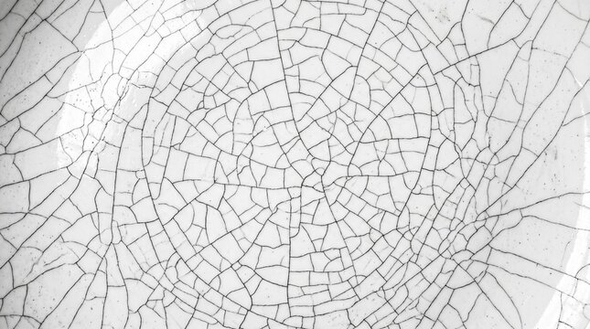 Abstract white ceramic crack pattern featuring complex web of fine black line art texture.