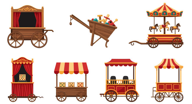 Collection of various cartoon carnival and fairground carts, including puppet shows, carousels, and game stalls, on a white background.