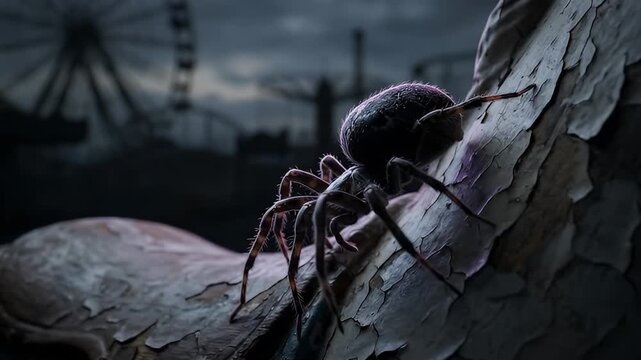 Halloween Horror Giant spider Climbing Weathered Tree Bark Near Dark Abandoned Amusement Park Under Gloomy Night Sky, Eerie Fear, Mystery, Dramatic Lighting, Detailed Texture
