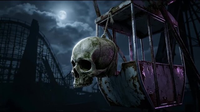 Halloween Horror Skull Carnival Ride Under Full Moon and Storm Cloud, Abandoned Haunted Amusement Park Scene Creating Eerie Atmosphere Filled With Fear, Danger, Mystery, and Suspense