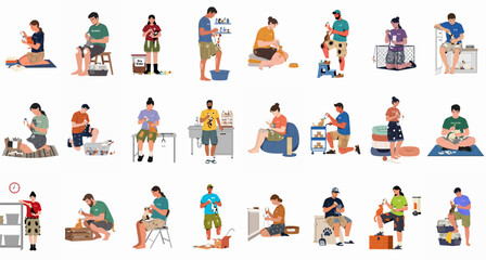 Fototapeta premium Set of flat vector illustrations depicting various people caring for, playing with, and grooming their domestic pet cats at home.