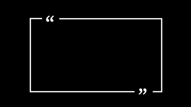 square quote box icon animation. Rectangular quote mark graphic animation. Animated square quote frame design for textual quotation, paraphrasing, or text spoken by on black background.