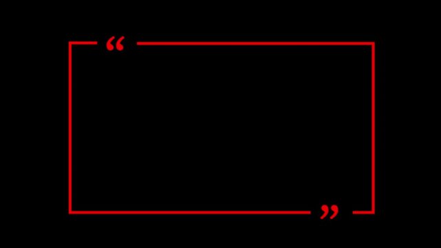 square quote box icon animation. Rectangular quote mark graphic animation. Animated square quote frame design for textual quotation, paraphrasing, or text spoken by on black background.