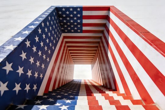 An abstract staircase rises into empty space with steps forming an accurate USA flag pattern of stars and stripes