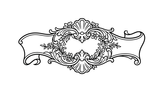 Rococo-inspired ornamental cartouche banner with asymmetrical shell-like rocaille curves and delicate flowers, black vector illustration on white background, vintage decorative element