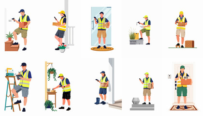 Naklejka premium Collection of Flat Vector Illustrations Featuring Delivery Workers in High-Visibility Vests Performing Various Tasks and Delivering Packages to Residential Doors.