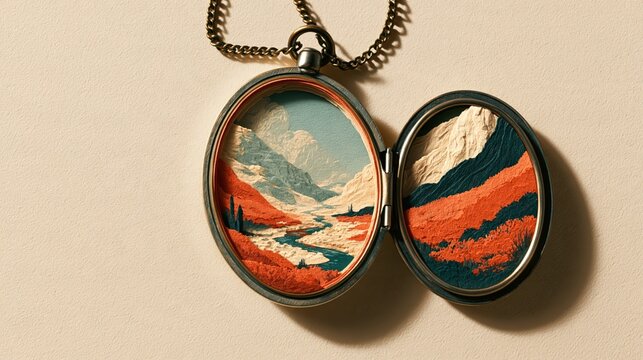 Layered cut paper illustration of an oval locket hinged open to show a tiny mountain valley in a calm balanced composition with room for text