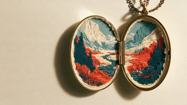 Layered cut paper illustration of an oval locket hinged open to show a tiny mountain valley with a clean minimal layout and generous copy space