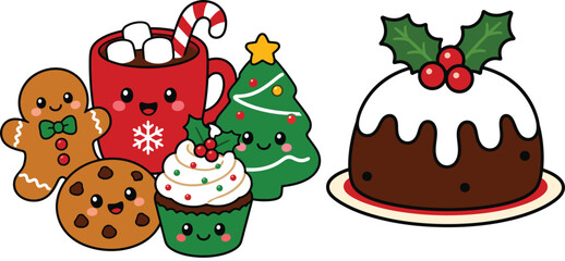 Fototapeta premium Cute cartoon illustration of a traditional christmas pudding with white icing and holly leaves on a plate