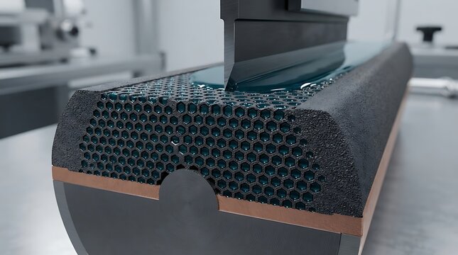 A detailed close-up view of anilox roll cell structure with doctor blade removing excess ink during the flexographic printing process and manufacturing setup.