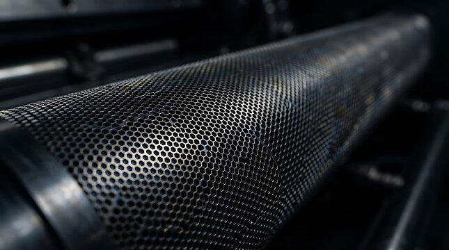 Industrial anilox roller close up showcasing precision engraved metallic honeycomb pattern for ink transfer in flexographic printing machinery