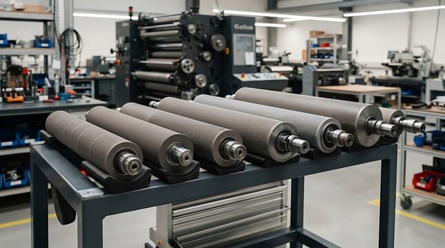 Industrial anilox rollers lined up on a storage rack in a modern printing factory with machinery in the background for flexographic printing production