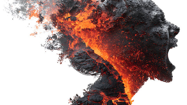 Surreal profile portrait of a person merged with a volcanic landscape, lava and cracked rock, symbolizing emotional turmoil, anger, stress, inner conflict, trauma, and mental health