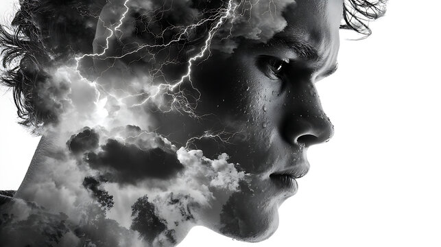 Surreal double exposure portrait of a man with a storm inside his head, symbolizing anxiety, emotional turmoil, stress, inner conflict, mental health and psychological struggle