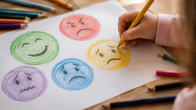 Child Drawing Colorful Emotion Faces with Pencils for Emotional Intelligence, Mental Health and Feelings Education
