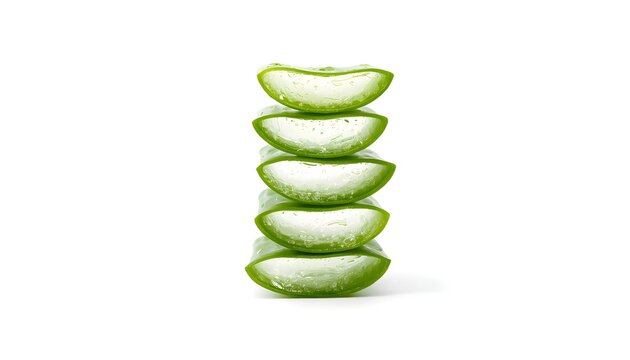Fresh Aloe Vera Slices Stacked Isolated on White Background, Natural Skincare Plant and Healthy Organic Wellness