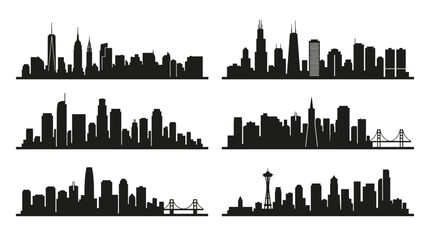 Obraz premium Collection of various famous American city skyline silhouettes isolated on a white background.