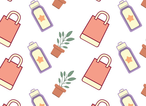 Modern seamless pattern featuring daily items like bottles, plants, and shopping bags, ideal for various design applications.