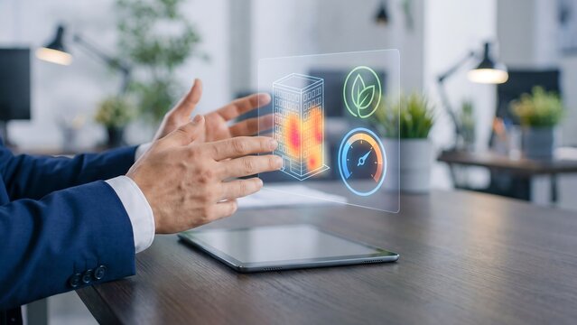 Businessman gesturing over a tablet with a holographic building heatmap, leaf, and gauge icons representing smart energy management, green building efficiency, corporate sustainability