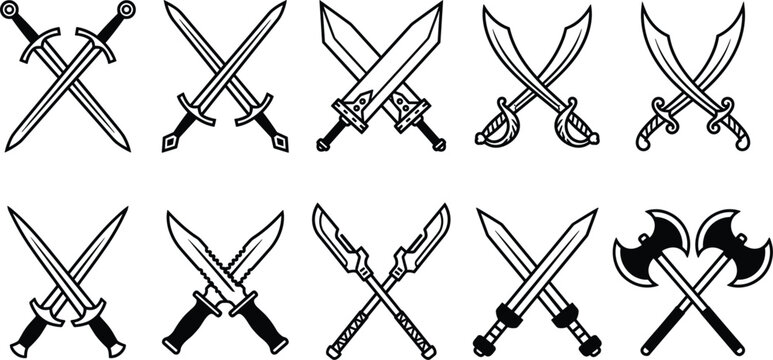 Crossed swords and axes icon set featuring various medieval and fantasy weapon designs, black vector illustrations isolated on a white background