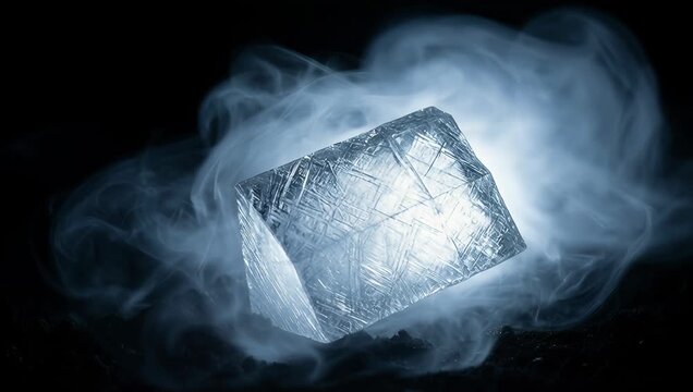 Mystical Ice Block Surrounded by Smoke and Light