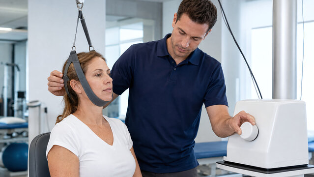 Physiotherapist adjusting a cervical traction machine for a female patient