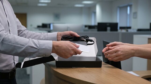 Employee returning company laptop charger cable and access card during IT equipment handover and corporate device offboarding process