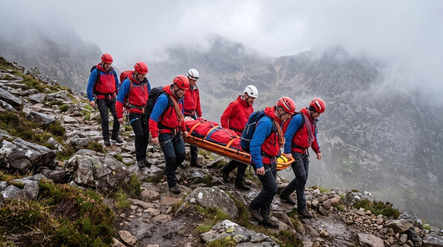 Mountain rescue team carrying an injured hiker on a stretcher in rocky terrain.