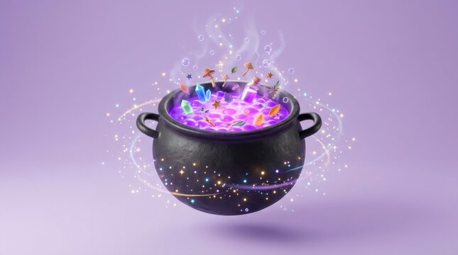 Levitating black witch cauldron boiling with glowing purple potion, magical crystals, stars, mushrooms, and swirling sparkly light effects on pastel purple background