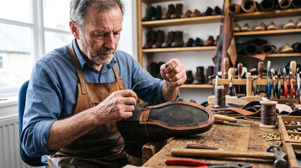 Obraz premium Senior cobbler meticulously stitching a leather boot sole in his workshop