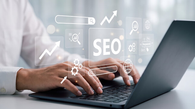 Digital marketing professional using laptop with search engine optimization interface
