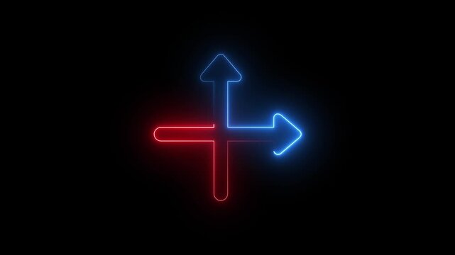 Glowing blue and red neon arrow signs on black background