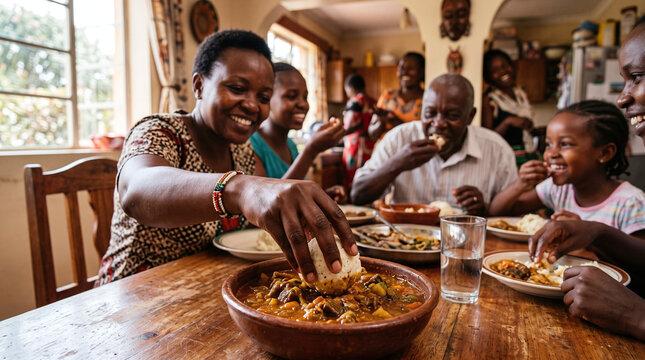 Happy African family sharing traditional ugali and stew at dinner table