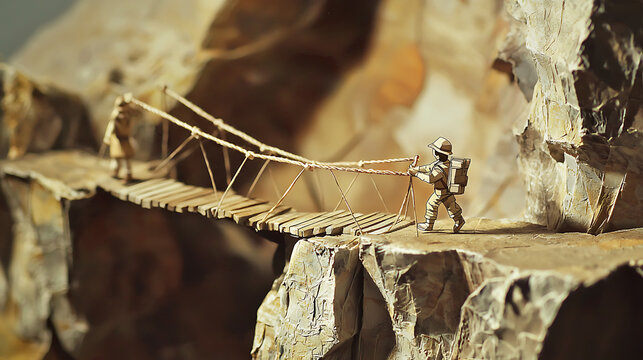 Miniature soldiers crossing a wooden rope bridge in a rocky canyon landscape model
