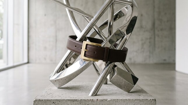 Leather belt wrapped around abstract metal sculpture