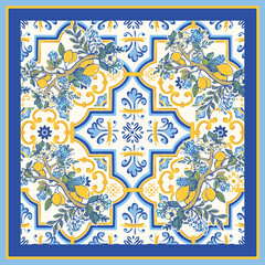 Amalfi Coast Inspired Italian Majolica Tile Pattern scarf design with Lemons and Mediterranean Floral Motifs for European Summer Resort Wear © Shrabonti Designs