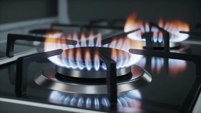 Close-up video of a sleek, futuristic gas stove with perfect circular flames dancing rhythmically