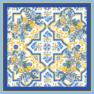 Amalfi Coast Inspired Italian Majolica Tile Pattern scarf design with Lemons and Mediterranean Floral Motifs for European Summer Resort Wear