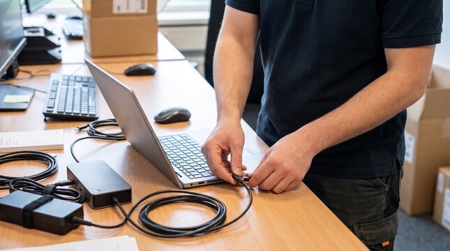 IT technician preparing business laptop with charger docking accessories and cables for workplace deployment and device lifecycle management