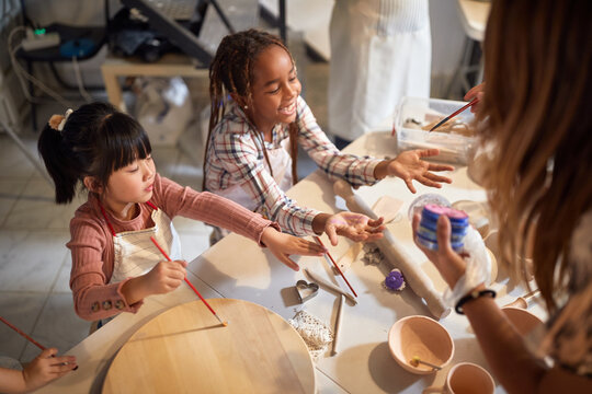 happy creative Children having fun together on workshop.  Creative, hobby ,workshop  concept