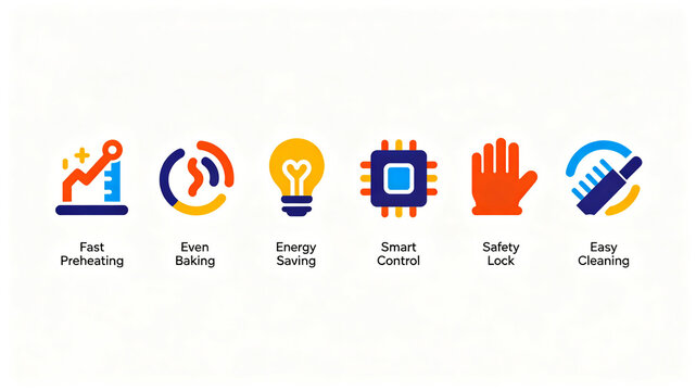 Multi color minimalist oven function icon kit, representing intelligent control, safety lock, and energy saving, suitable for oven detail pages and online product promotional materials.
