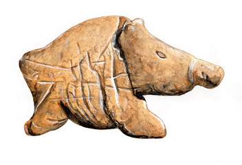 Neolithic terracotta wild boar figurine, Tepe Sarab Iran (7th-6th millennium BC). Kermanshah prehistoric clay artifact. Artwork. © Sven