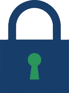 Flat padlock icon with open shackle. Blue graphics and green keyhole. Open lock symbol for web. Vector illustration for online safety interface editable icon