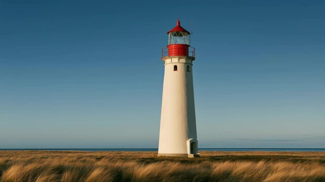 A tall lighthouse is located on a rocky area surrounded by water. The scene takes place during the evening with a clear sky. The lighthouse shines bright and guides boats.